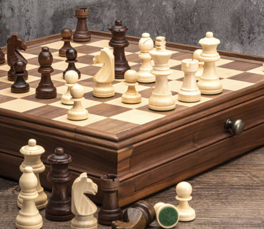 Walnut Chess and Checkers Game Set with Storage Drawer